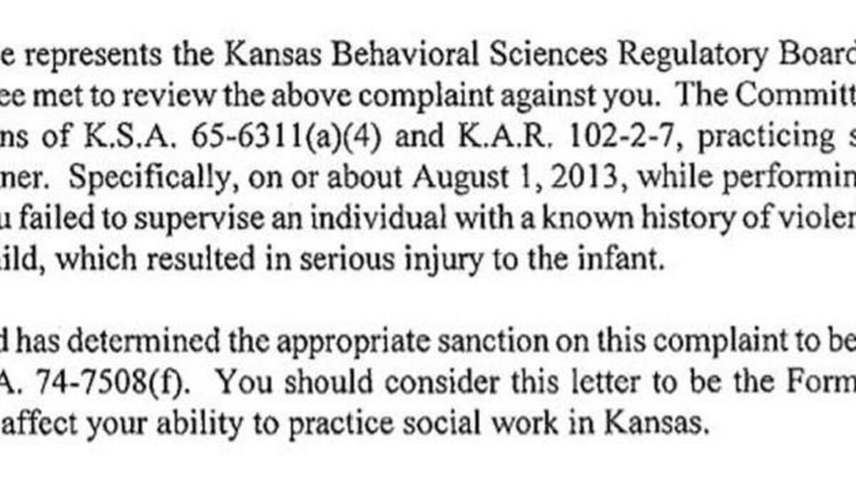 An excerpt from a censure letter sent by the Kansas Behavioral Sciences Regulatory Board to a social worker in 2014.