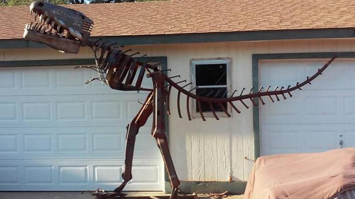 This scrap-metal sculpture of a tyrannosaurus rex was commissioned by and will be installed in front of the Museum of World Treasures, which has a real fossilized T-rex skeleton named “Ivan” inside.