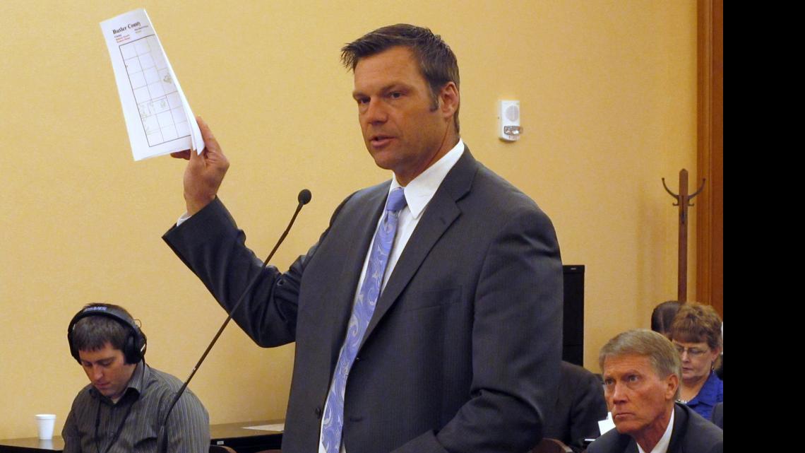 
Kansas Secretary of State Kris Kobach testifies during a meeting of a legislative study committee on election issues. (Nov. 21, 2014)
