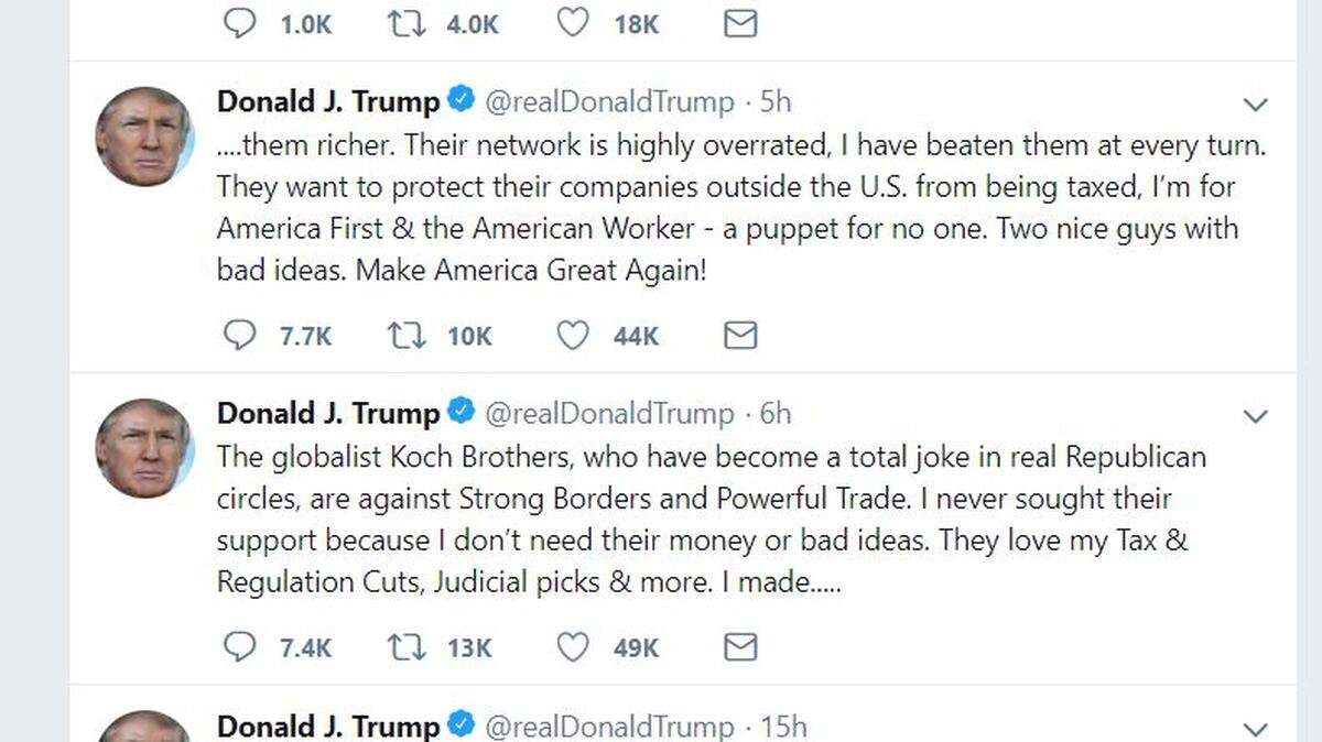 President Donald Trump attacked the Koch brothers on Tuesday morning in a pair of tweets.