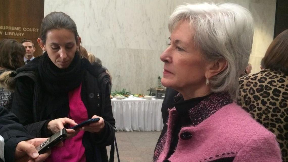 Former Gov. Kathleen Sebelius fields question from reporters at a reception for the state’s Supreme Court justices.