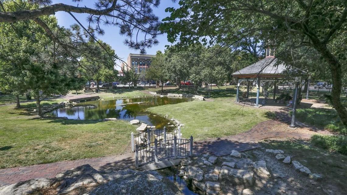 People take cover under the gazebo at Naftzger Memorial Park. A proposal to renovate the park would get rid of the gazebo, pond, waterfall, benches, picnic tables and trees to basically create an artificial-turf open field where live music events could be held. (June 22, 2017)