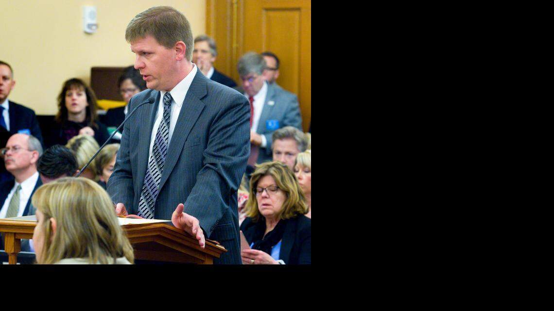 
Budget director Shawn Sullivan speaks before the House Appropriations Committee on Wednesday in Topeka. After the committee meeting Sullivan indicated problems could arise in February unless the Legislature takes action to approve a series of fund transfers and budget reductions for the current fiscal year. 
