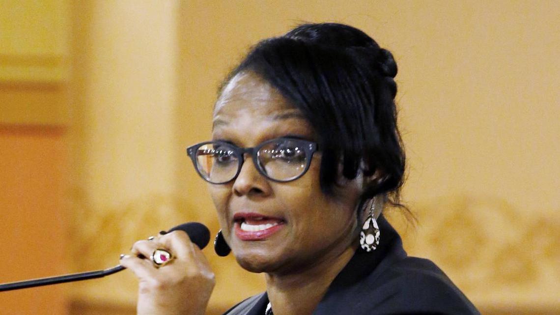 
Rep. Gail Finney of Wichita speaks at a rally of medical marijuana supporters. (Jan. 15, 2015)
