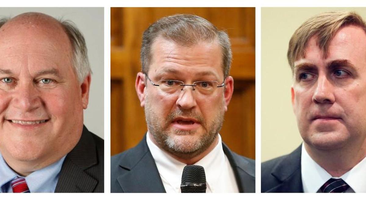 The combination of photos shows the candidates running in the April 11 special general election in Kansas’ 4th Congressional District to replace former GOP Rep. Mike Pompeo, who was appointed director of the Central Intelligence Agency. They are, from left, Republican Ron Estes, Democrat James Thompson and Libertarian Chris Rockhold. (The Wichita Eagle via AP)