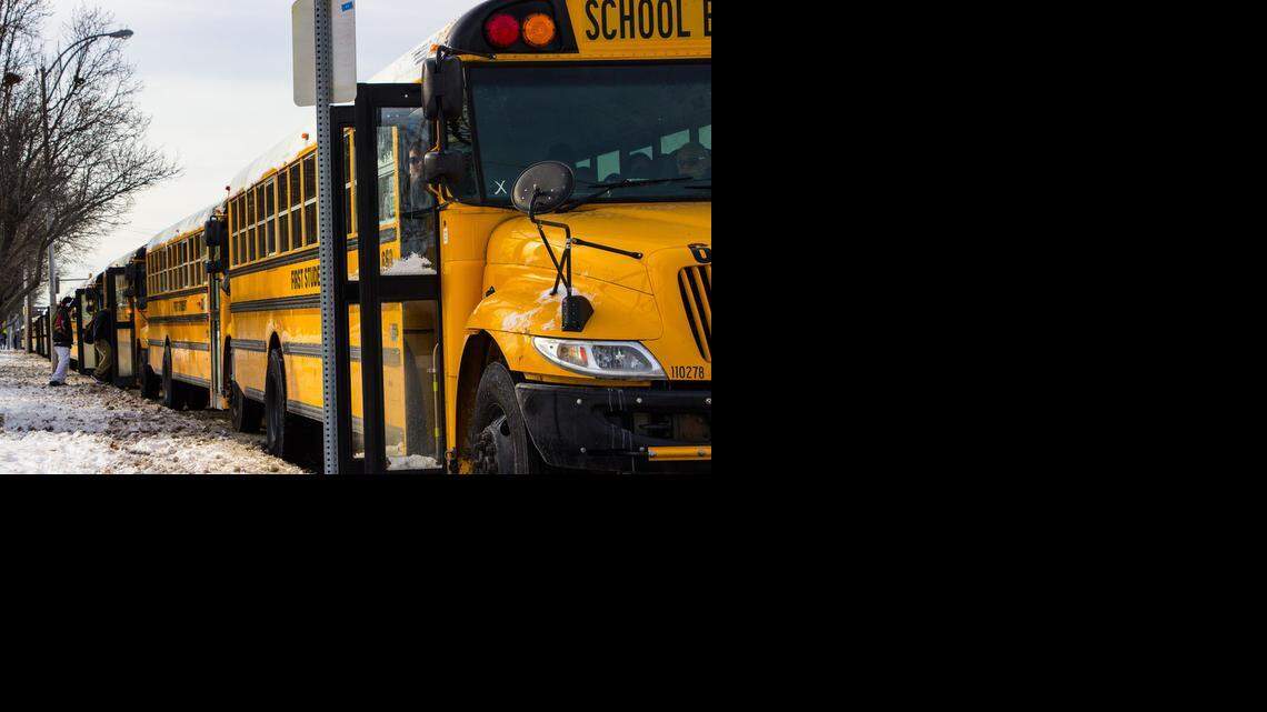 
School buses line up outside Wichita East High School. (Jan. 5, 2015)
