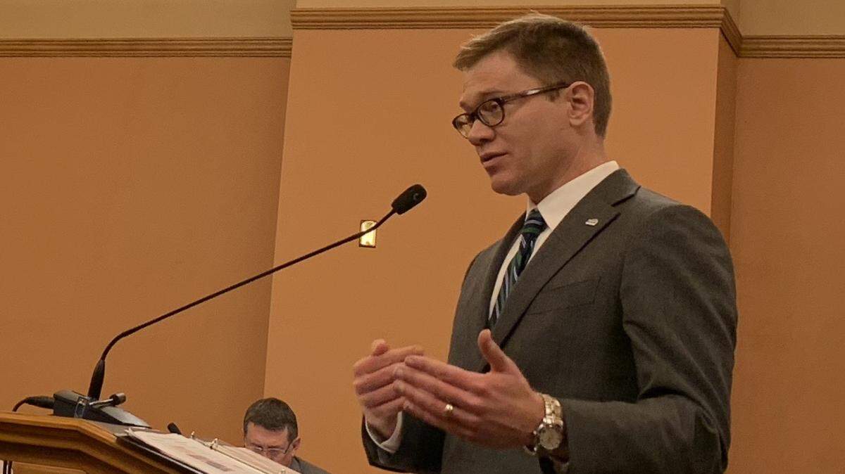 David Toland, Gov. Laura Kelly’s nominee to the Kansas Department of Commerce, speaks to lawmakers on Thursday.