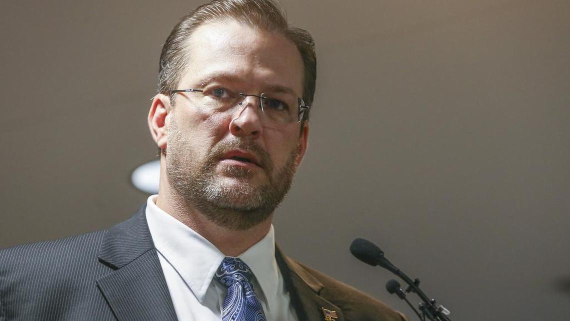 James Thompson speaks before a crowd of about 300 people Saturday after he was chosen as the Democratic candidate in a special election April 11 to fill a vacancy for the 4th Congressional District. The seat, previously held by Republican Mike Pompeo, was vacated when Pompeo was selected by President Trump to head the Central Intelligence Agency.