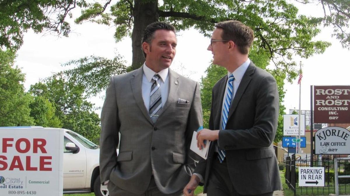 Sen. Ty Masterson, R-Andover, is questioned by a reporter on his way into a closed caucus meeting Thursday. (April 28, 2016)