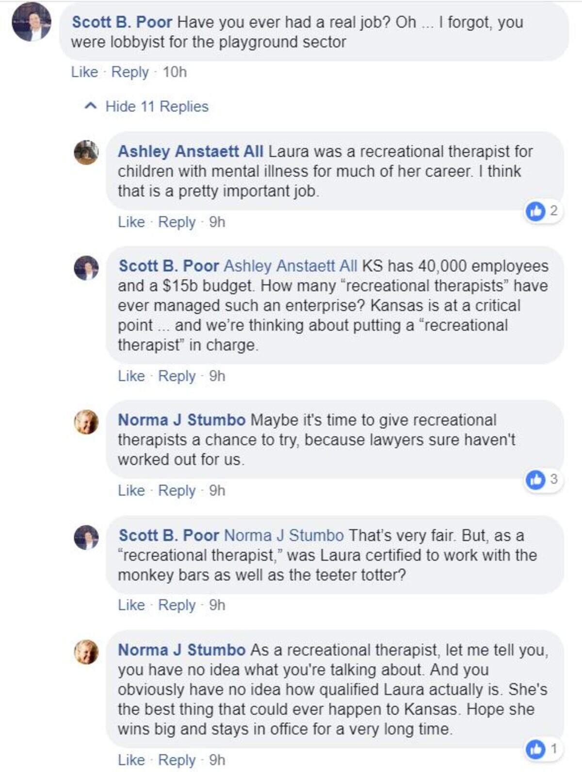Scott Poor, a campaign associate of Independent Greg Orman, attacked Democrat Laura Kelly’s work history on Facebook.
