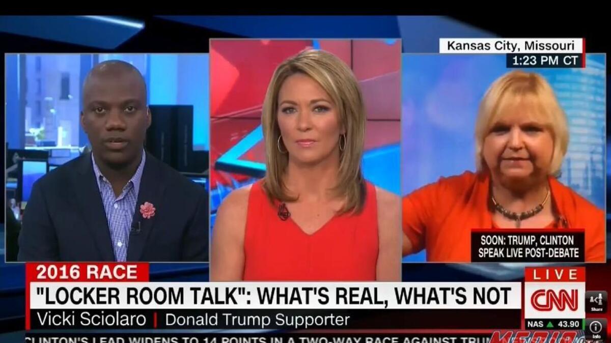 Vicki Sciolaro (right), chairwoman of the 3rd Congressional District for the Kansas Republican Party, was interviewed Monday by CNN’s Brooke Baldwin (center). Shaun Harper also was a guest.