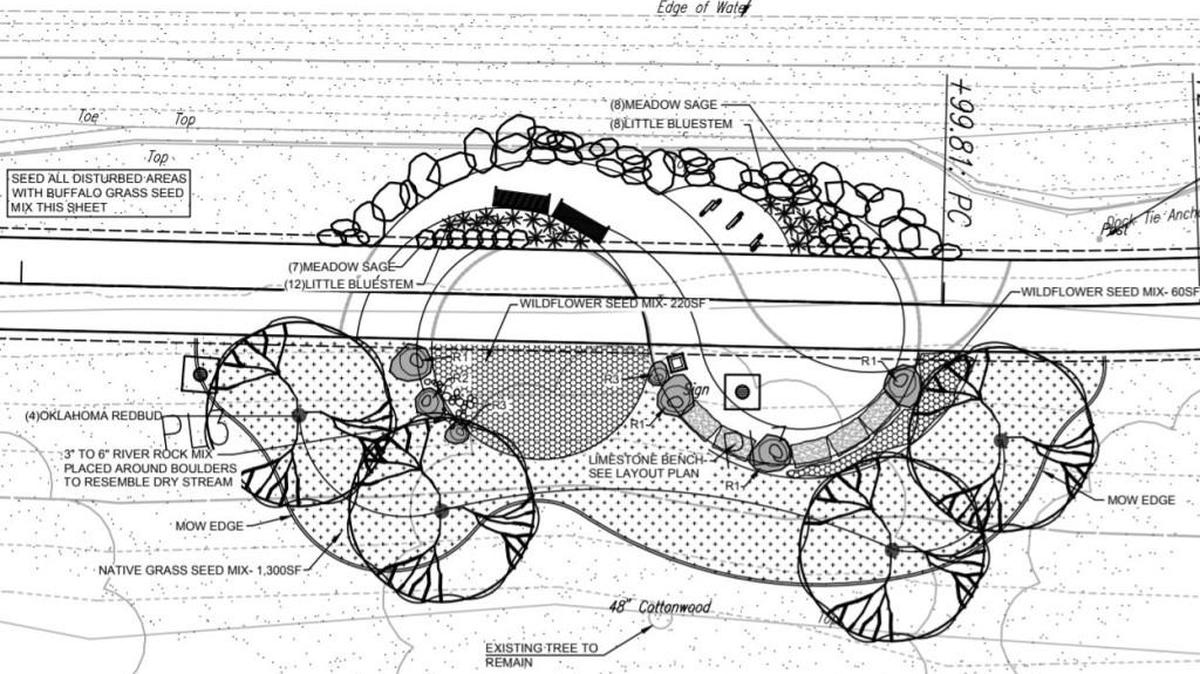 This sketch shows the layout for a “pause point” along the planned path from the WaterWalk to the Lincoln Street Bridge on the Arkansas River.