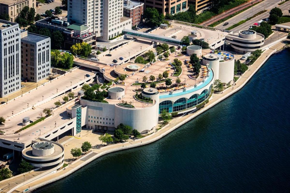 Monona Terrace, a Frank Lloyd Wright-designed community and convention center in Madison, Wisc., as seen from the air. The building took some 60 years from conception to completion.