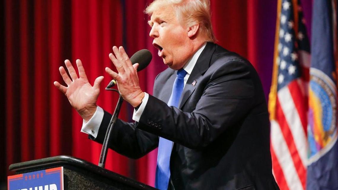 Republican presidential candidate Donald Trump appears at a March rally in Wichita.