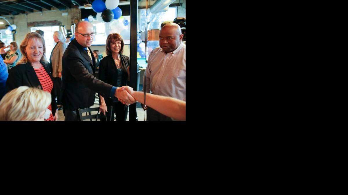 
Jeff Longwell shakes hands with supporters April 7 at his election party. Longwell will be sworn in as Wichita’s new mayor on Tuesday.
