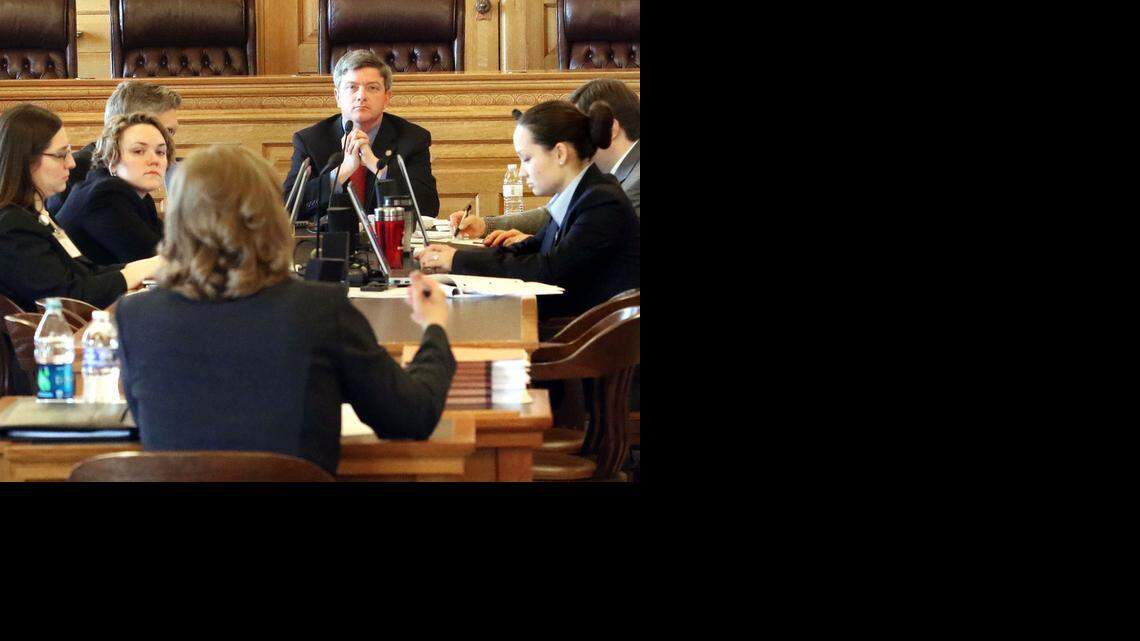 
Senate Vice President Jeff King, R-Independence, back center, listens to Kathryn Gardner, front, speak before the Senate Judiciary Committee, Wednesday, March, 4, 2015, in Topeka, Kan., for a hearing on her nomination by Gov. Sam Brownback to the state appeals court. (AP Photo/The Topeka Capital-Journal, Thad Allton) 
