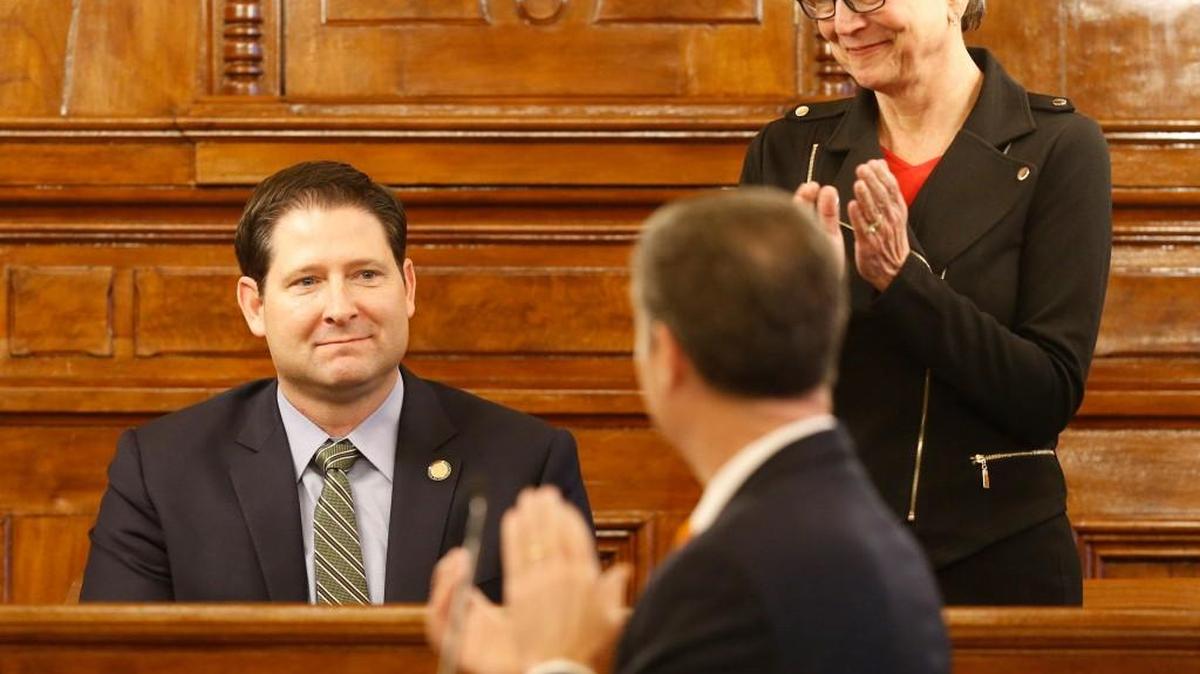 Kansas Gov. Sam Brownback and Senate President Susan Wagle recognize newly elected Speaker of the House Ron Ryckman in January during Brownback’s State of the State address.