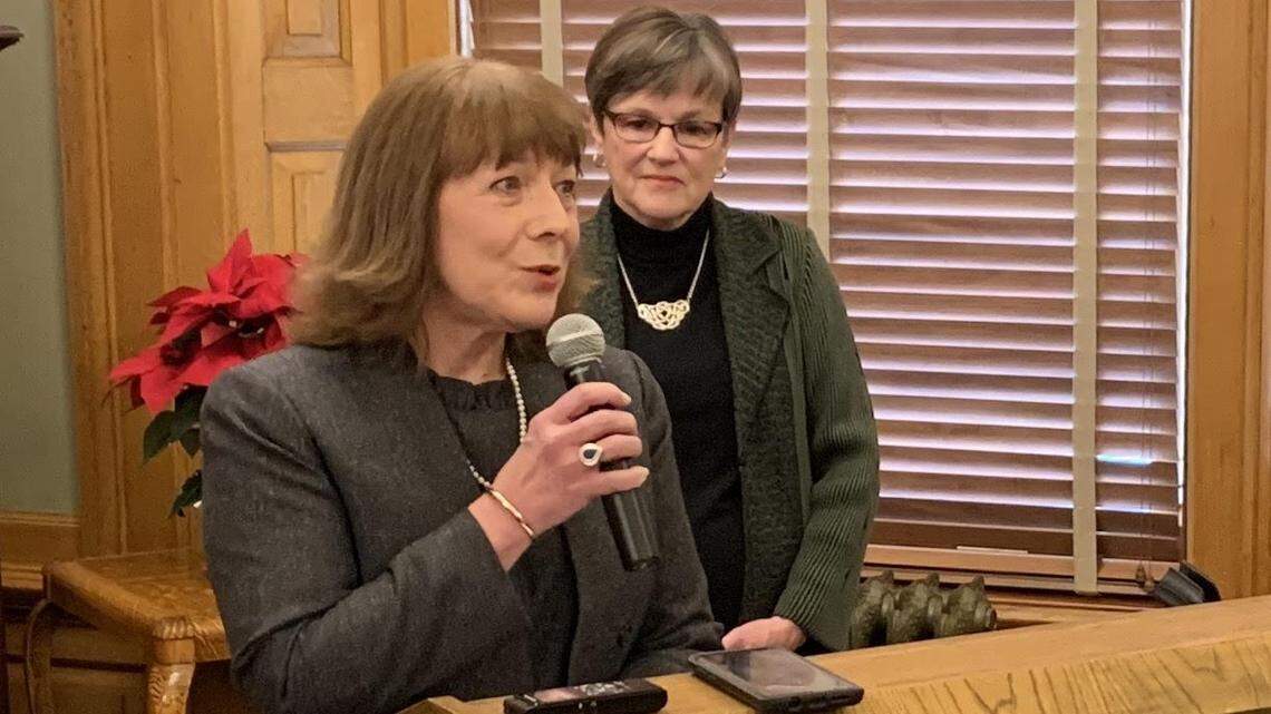 Judge Evelyn Wilson spoke to reporters on Monday after Gov. Laura Kelly announced she had named her to the Kansas Supreme Court.