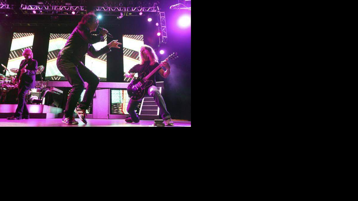 
STYX performed two songs for a small crowd at Intrust Bank Arena during a rehearsal. At center is Lawrence Gowan, James Young, far left, and Tommy Shaw at far right. STYX started its national tour, “The Soundtrack of Summer Tour,” in Wichita in May. 
