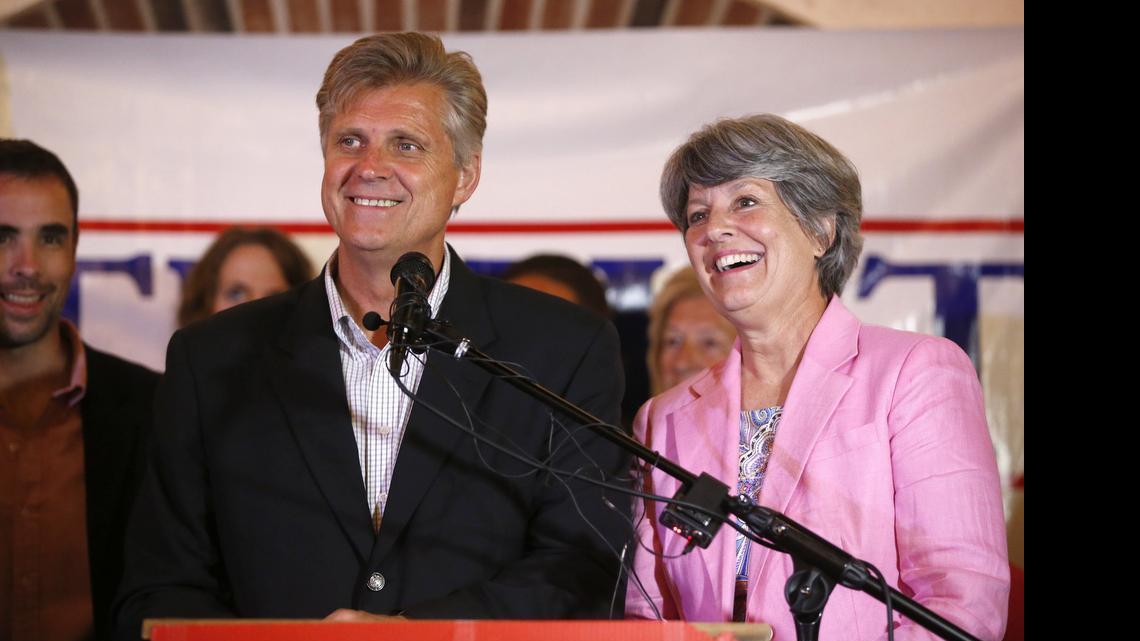 
Todd Tiahrt and his wife, Vicki, address the crowd gathered at his election night party. Tiahrt conceded the 4th District congressional seat to incumbent Mike Pompeo. (Aug. 5, 2014)

