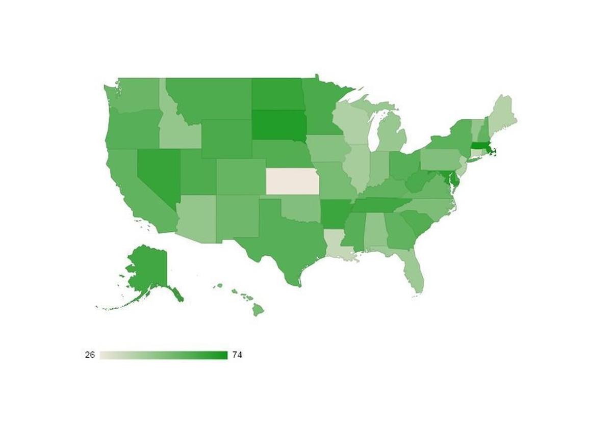 A map showing the approval ratings of state governors. Lower approval ratings are shown by lighter shades.