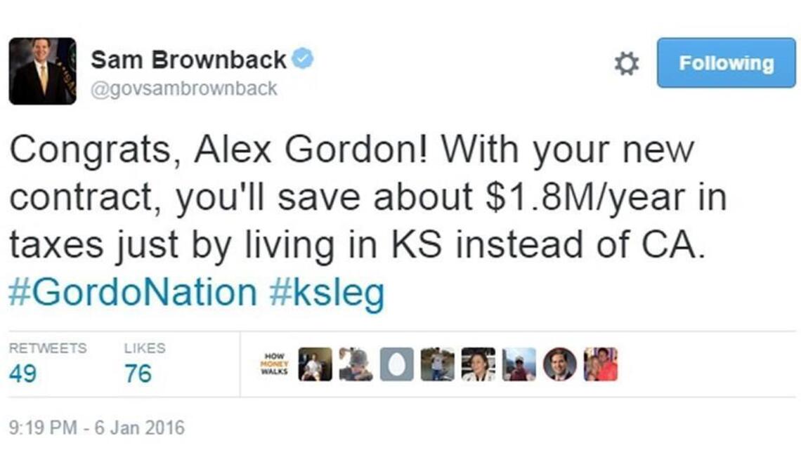 Brownback’s office swings and misses on Alex Gordon’s tax savings
