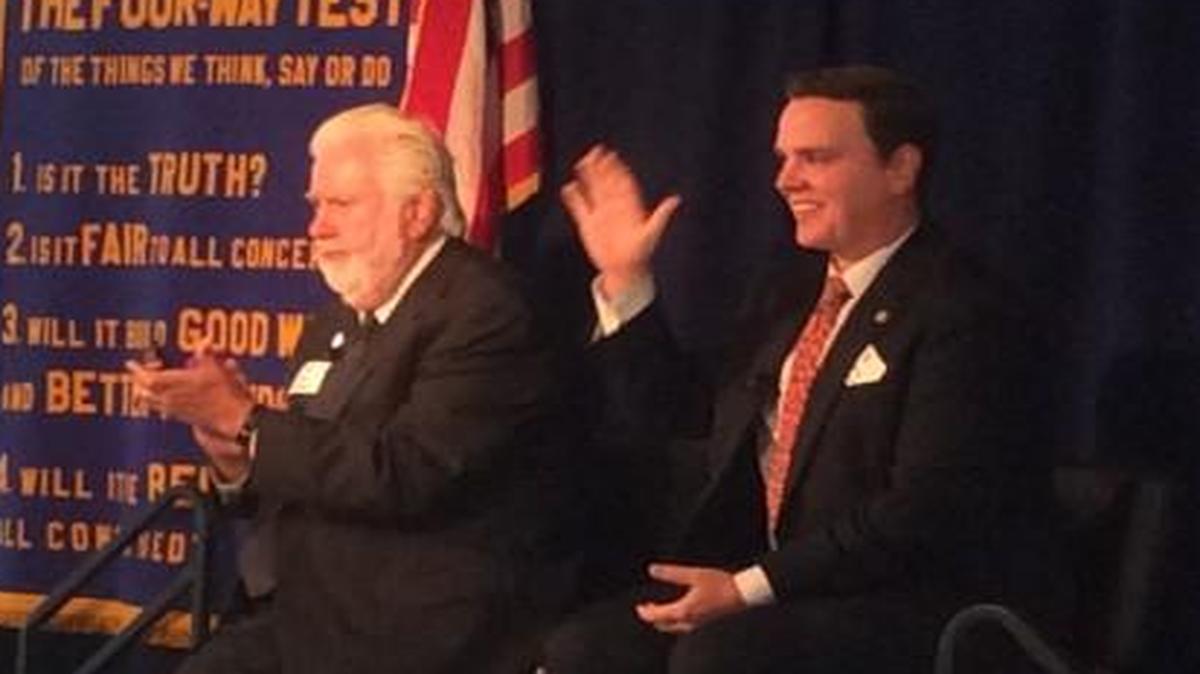 Commissioner Tim Norton, left, and state Sen. Michael O’Donnell share the stage at an Oct. 24 Rotary Club debate at Botanica.