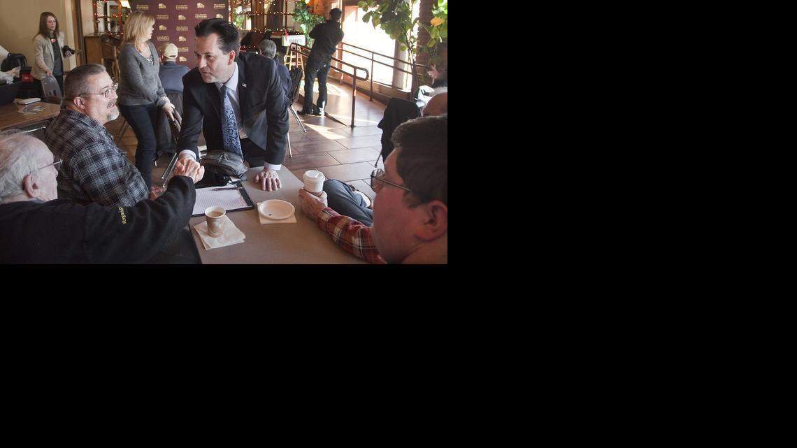 
U.S. Senate candidate Milton Wolf greeted supporters in Wichita in February 2014.
