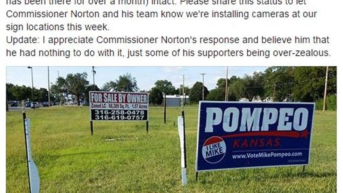 A screengrab of a Facebook post from Michael O’Donnell accusing supporters of his rival, Tim Norton, of vandalizing a campaign sign.