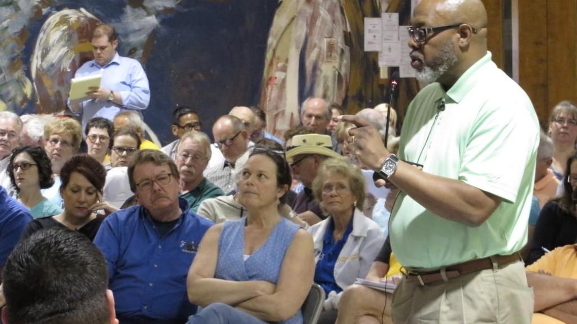 Developer Andy Bias tries to convince Riverside residents that the senior housing project proposed in their neighborhood would be a good thing.