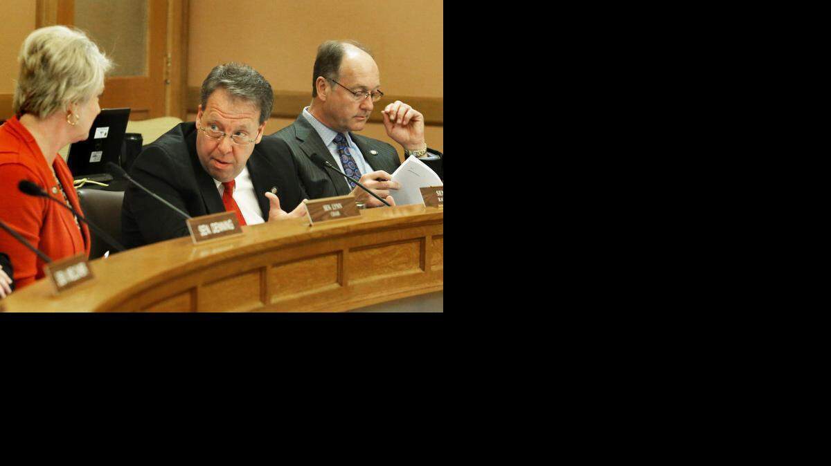 
Sen. Tom Holland, center, D-Baldwin City, a member of the Senate Commerce Committee, talks during a discussion about a bill that would give the secretary of labor additional power and abolish the Public Employee Relations Board on Wednesday in Topeka. 
