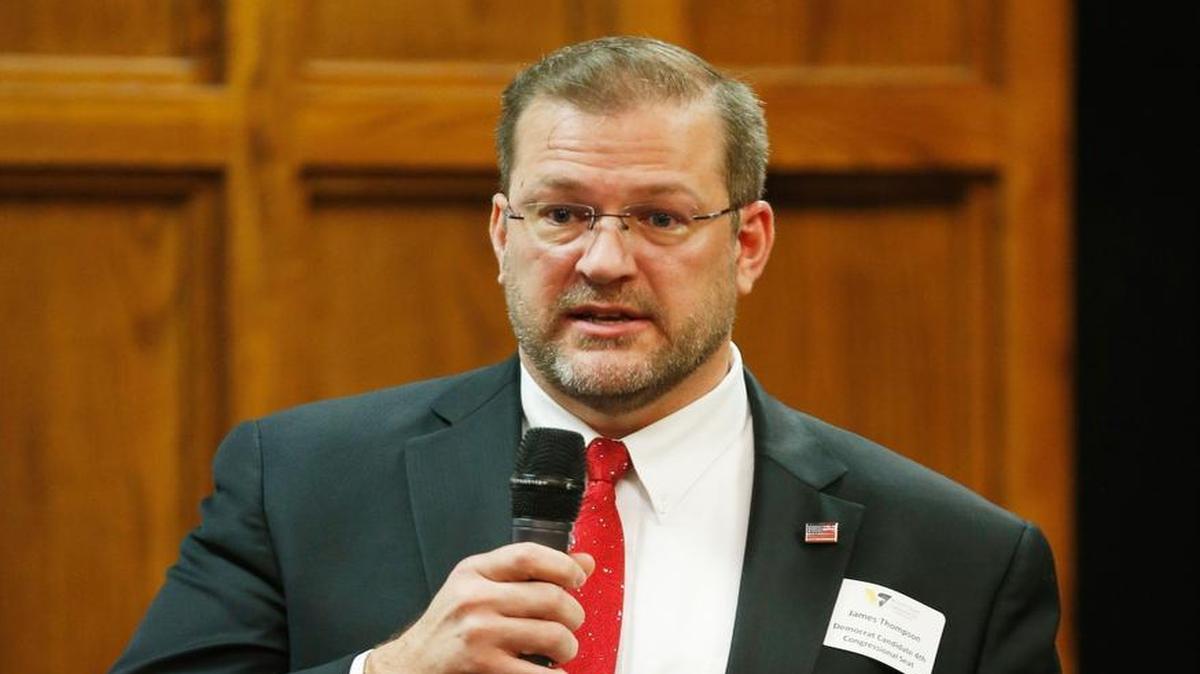 Democrat James Thompson speaks at the Wichita Crime Commission debate Thursday. Thompson is running against Republican Ron Estes and Libertarian Chris Rockhold to replace Mike Pompeo in Congress. (March 23, 2017)