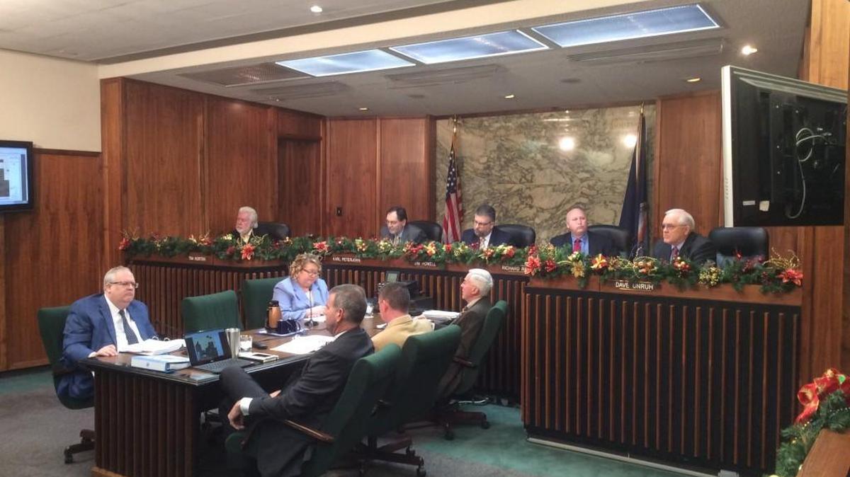 From left to right, Commissioners Tim Norton, Karl Peterjohn, Jim Howell, Richard Ranzau and Dave Unruh at the Jan. 4, 2017 Sedgwick County Commission meeting. It was the final meeting for Peterjohn and Norton on the board.