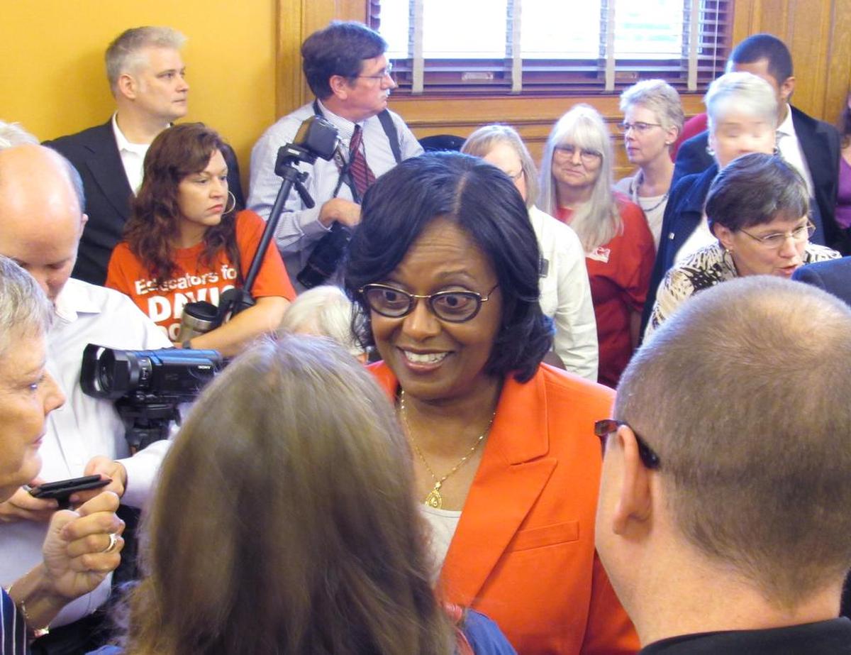 After a House select committee dismissed a misconduct complaint against her, Rep. Valdenia Winn, D-Kansas City, celebrated with supporters who packed the hearing room for her case.