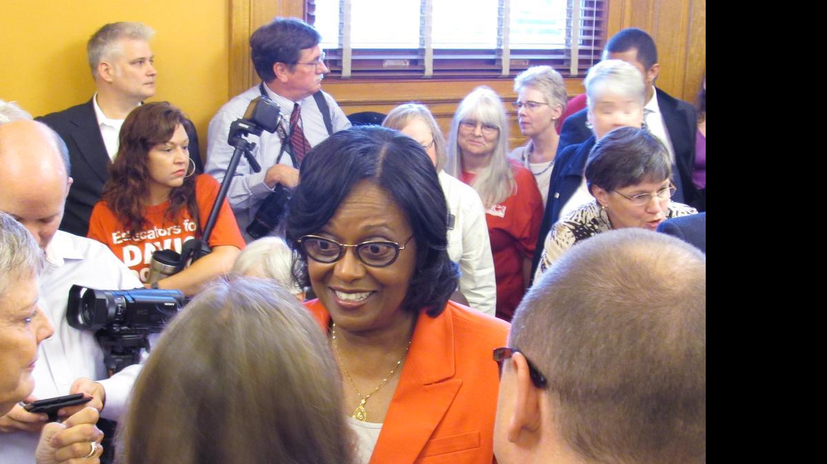 
After a House select committee dismissed a misconduct complaint against her, Rep. Valdenia Winn, D-Kansas City, celebrated with supporters who packed the hearing room for her case.
