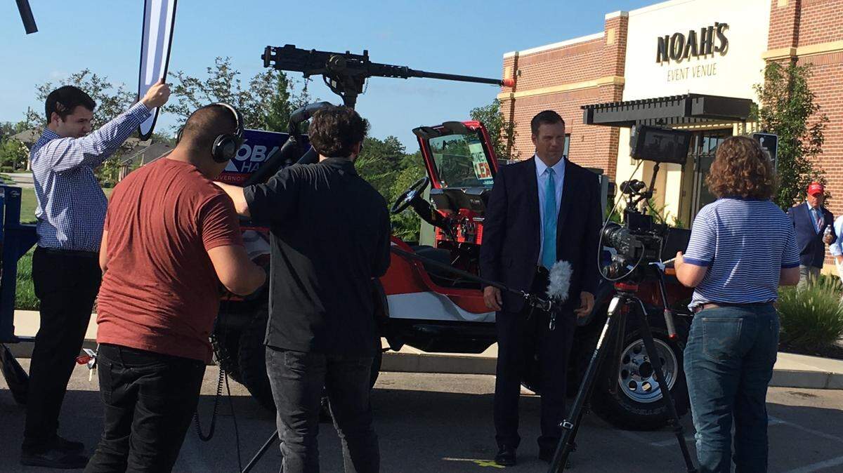 Secretary of State Kris Kobach films a campaign commercial before a fundraiser in Wichita. Kobach is leading other campaigns in purchasing broadcast TV air time, according to a review of invoices and purchase orders.