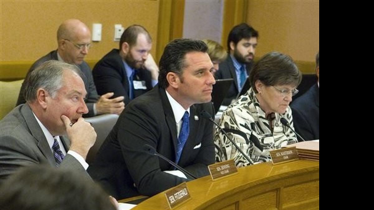 
Members of the Senate’s budget committee, including, Sen. Jim Denning, R-Overland Park, left, Sen. Ty Masterson, R-Andover, committee chairman, and Sen. Laura Kelly, D-Topeka, held a hearing in May to eliminate the Kansas Bioscience Authority. The KBA decided last week to lay off seven of its 13 full-time staff members, confirmed Duane Cantrell, the president and CEO. 
