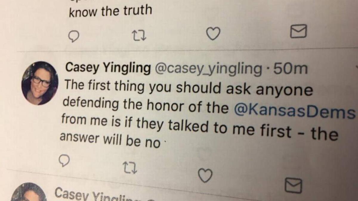 A petition seeking to recall Kansas Democratic Party Secretary Casey Yingling says she has attacked the party on social media, including on Twitter.