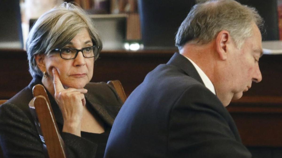 Sen. Susan Wagle, R-Wichita, left, and Senate Majority Leader Jim Denning, R-Overland Park, are seen Feb. 22, 2017, in Topeka.
