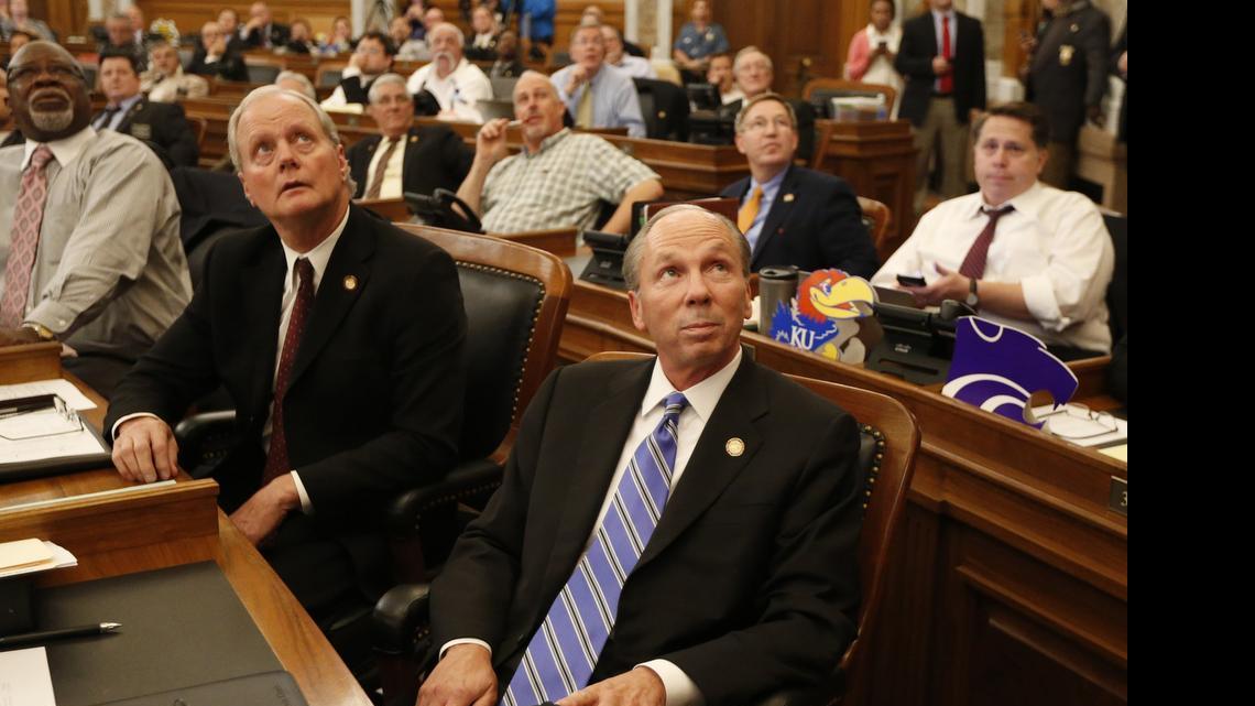 
Kansas House Taxation Committee Chairman Marvin Kleeb, R-Overland Park, and other members of the House watch as votes are tallied on HB 2109. The vote came up short as the hours ticked away Wednesday night.
