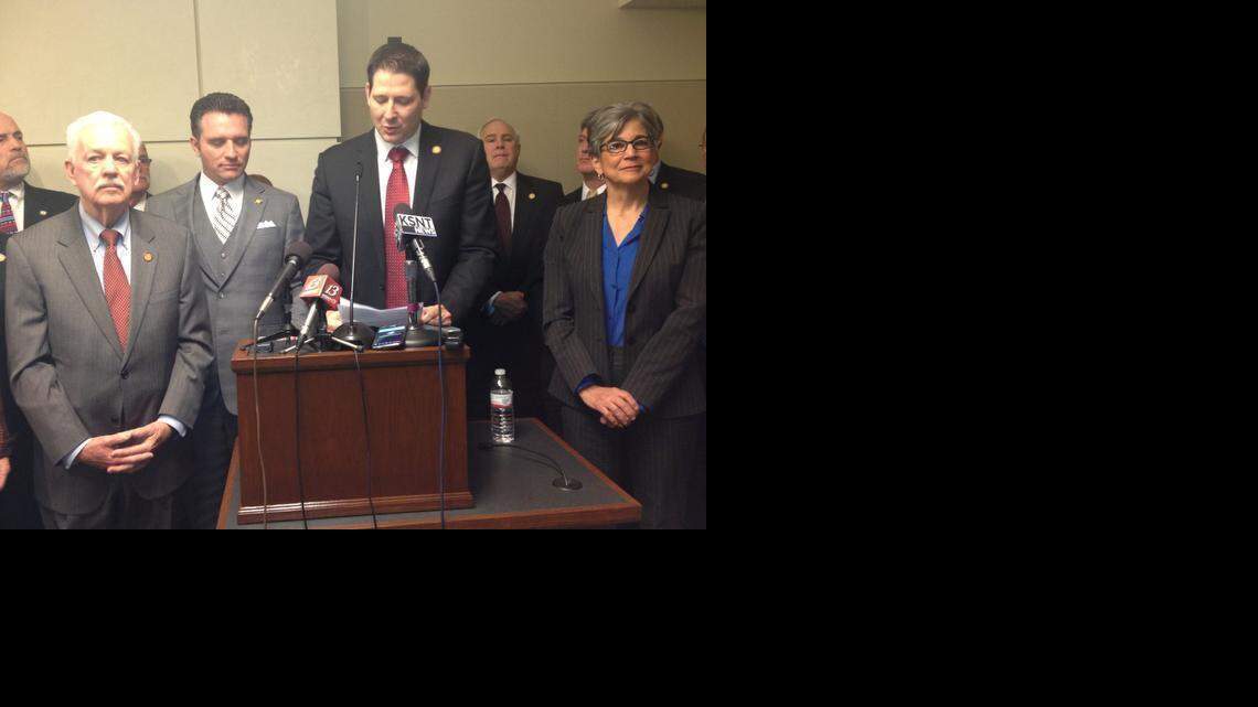 
House Speaker Ray Merrick, Senate Ways and Means Chair Ty Masterson, Appropriations Chair Ron Ryckman Jr. and Senate President Susan Wagle gather for a news conference earlier in March on a block-grant plan to fund schools.
