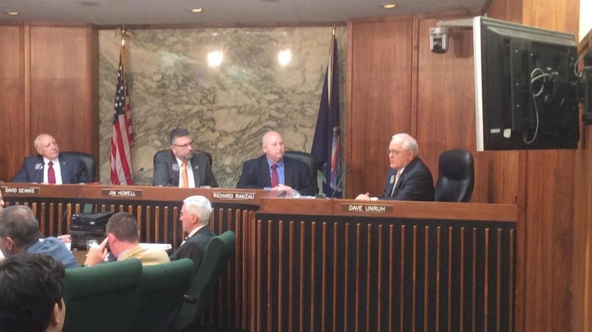 Dave Unruh, far right, speaks after being unanimously chosen by his colleagues as the Sedgwick County Commission chairman in 2017. From the left, Commissioners David Dennis, Jim Howell and Richard Ranzau listen.