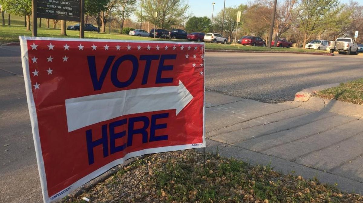 A voting sign outside the polling place at Linwood Recreation Center in south Wichita (April 11, 2017).