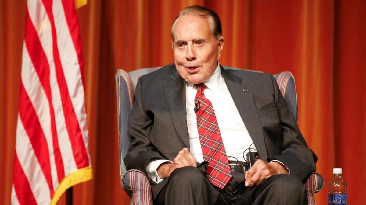 Bob Dole speaks at Wichita State University in May 2014.