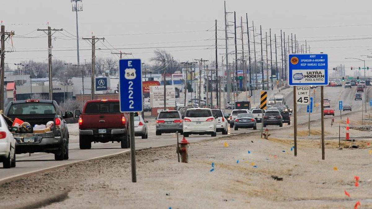 Traffic moves between Webb and Greenwich on East Kellogg on Tuesday afternoon. The state of Kansas recently issued another $400 million in highway construction bonds for its 10-year T-Works program.