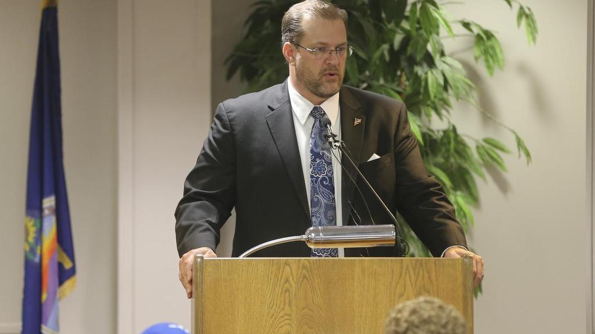James Thompson speaks before a crowd of about 300 people Saturday during a nominating convention held by Democrats to choose a candidate for a special election April 11 to fill a vacancy in the 4th Congressional District. Thompson defeated four other candidates to become the Democratic candidate to fill the seat vacated by Rep. Mike Pompeo.