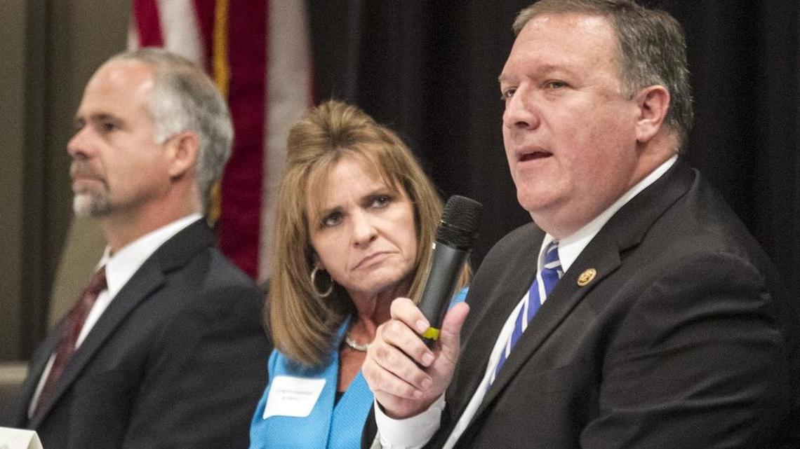 
From left, U.S. Reps. Tim Huelskamp, Lynn Jenkins and Mike Pompeo, all R-Kan., participate Friday in a congressional forum hosted by the Kansas Chamber of Commerce, the Greater Wichita Area Chamber of Commerce and Black & Veatch. (Aug. 14, 2015)
