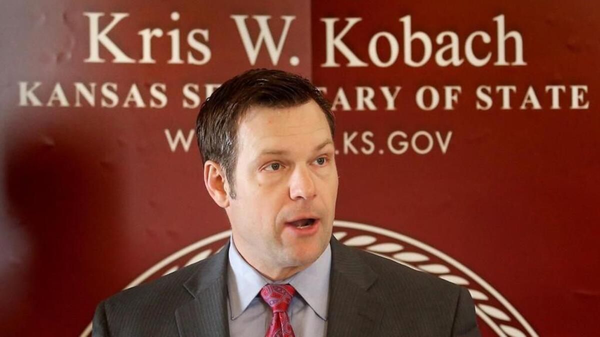 Kansas Secretary of State Kris Kobach speaks during a news conference in Topeka last year.