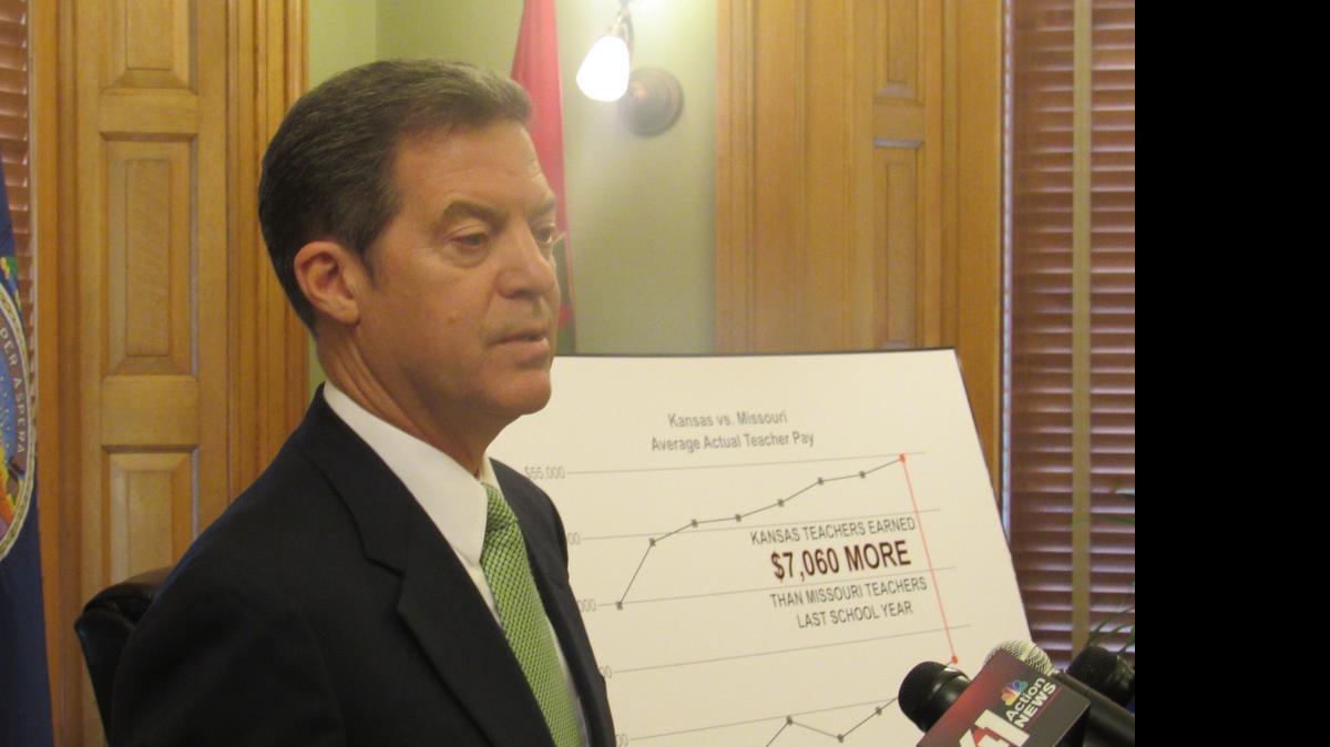
Gov. Sam Brownback compared teacher salaries in Kansas and Missouri at a news conference Friday. He said the average Kansas teacher makes $54,907, which he said was $7,060 more than the Missouri counterpart.


