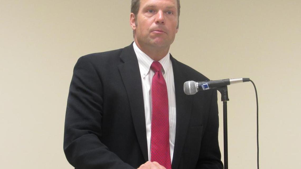 
Secretary of State Kris Kobach speaks to a group of Leavenworth County Republicans on Monday.
